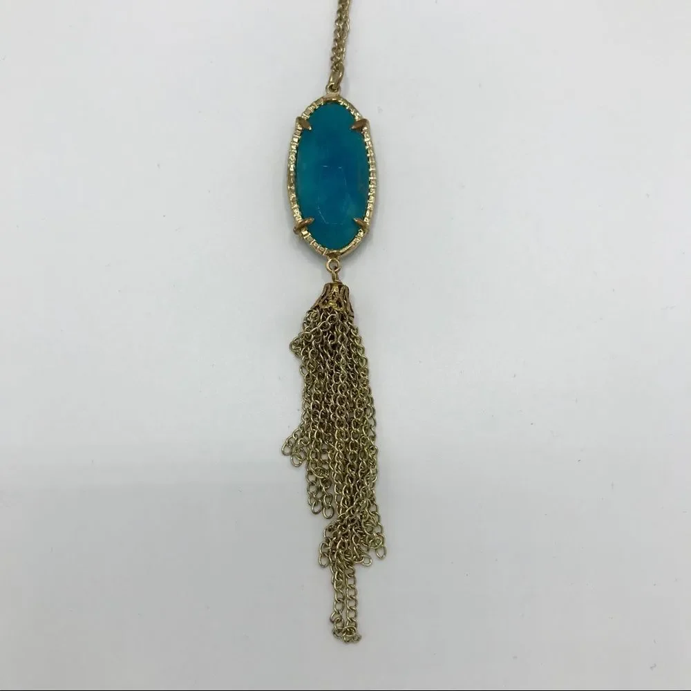 Blue Stone Gold Tone Chain Tassel Long Necklace Boho
